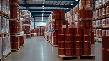 Stacks of red metal oil drums on pallets in a spacious industrial warehouse environment with efficient storage solutions