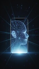 Obraz premium Smartphone screen shows glowing blue wireframe human head for biometric facial recognition and ai powered authentication, symbolizing secure digital access and privacy protection