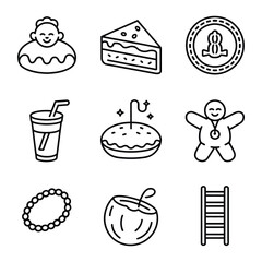 Nine black line art icons representing food, drink, and objects symbol