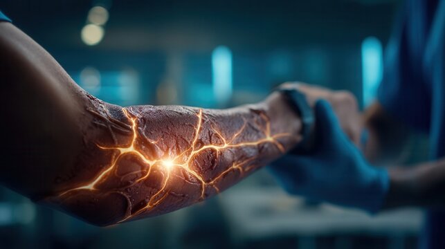 Fascinating close-up reveals glowing energy pathways coursing through a person's arm in a medical setting