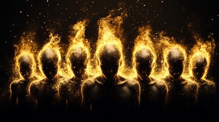 Figures illuminated by golden flames stand together against a dark backdrop, creating an ethereal and surreal scene.