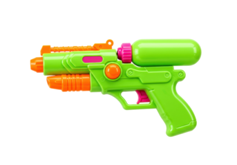 Isolated bright lime-green plastic water gun toy with orange accents and a pink trigger stands alone