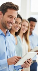 Fototapeta premium Smiling group of diverse people engaged with tablets in a bright indoor setting