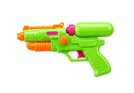 Isolated bright lime-green plastic water gun toy with orange accents and a pink trigger stands alone