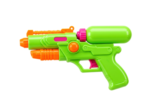 Isolated bright lime-green plastic water gun toy with orange accents and a pink trigger stands alone