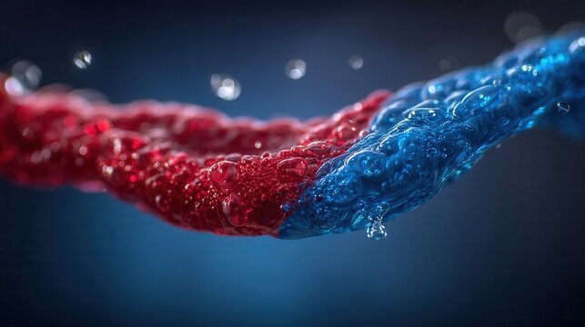 Vibrant red and blue liquid surfaces with glistening water droplets create a dynamic, abstract visual wonder.