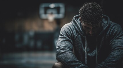 Obraz premium Defeated athlete sitting on the ground with head down in muted tones conveying sadness and loss