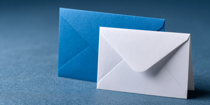 A white envelope with a blue one in the background on a table