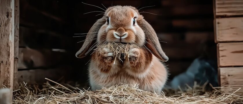Dutch lop rabbit enjoys fresh hay in its cozy cage during the afternoon, captured in stunning professional detail
