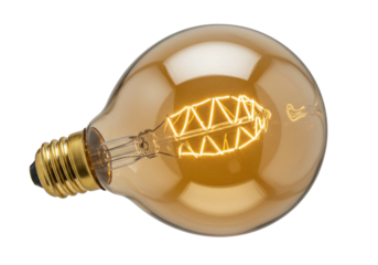 Isolated retro-style amber-toned lightbulb with filament, showing intricate geometric design