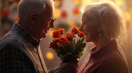 Elderly Gentleman Presenting Flowers to His Spouse