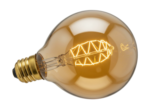 Isolated retro-style amber-toned lightbulb with filament, showing intricate geometric design - Powered by Adobe