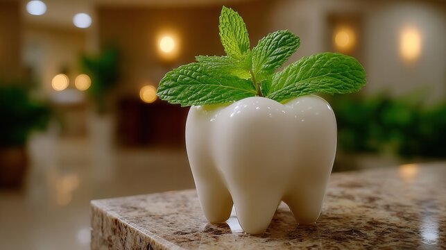 Fresh mint sprouts from a pristine white tooth model, symbolizing natural dental care and refreshing oral hygiene for a healthy smile.