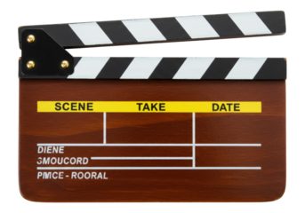 Isolated film clapboard open, film production accessory, Hollywood filmmaking instrument