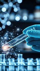 Fototapeta premium Hand in blue gloves holding test tube with colorful liquid in industrial lab setting