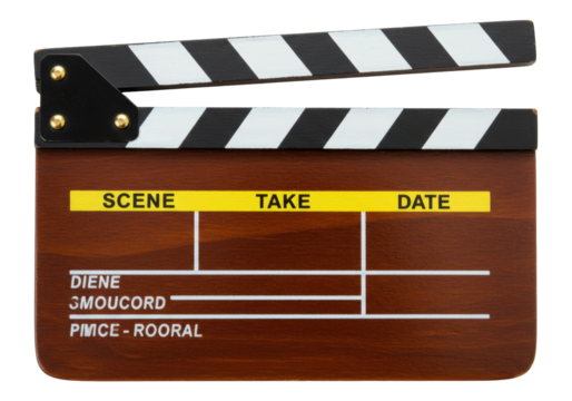 Isolated film clapboard open, film production accessory, Hollywood filmmaking instrument
