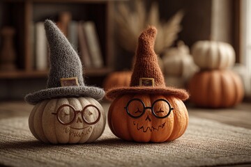 Creative Pumpkin Duo Wearing Colorful Witch Hats in Cozy Autumn Setting Generative AI