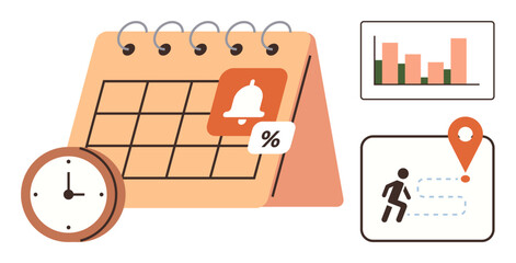 Spiral calendar with reminder bell and percentage icon, clock, bar graph, steps tracker, and location pin. Ideal for time management, planning, reminders, analytics goals productivity deadlines