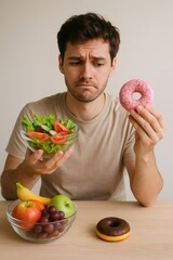 Man choosing between healthy salad and tempting donut, facing dilemma of healthy eating habits and diet struggle