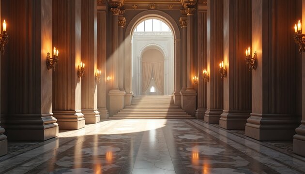 Ornate palace hallway with marble floors and columns. Sun rays stream through arched window illuminating grand staircase. Empty hall features wall sconces, opulent decor, and classical architecture.