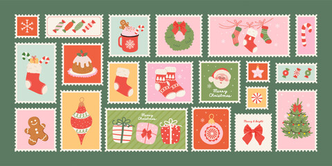 Christmas postage stamp Set with hand drawn Santa Claus, Christmas tree, gingerbread, baubles, gifts,  candy, bow. Vintage Xmas stickers, mail postmark. Vector illustration.
