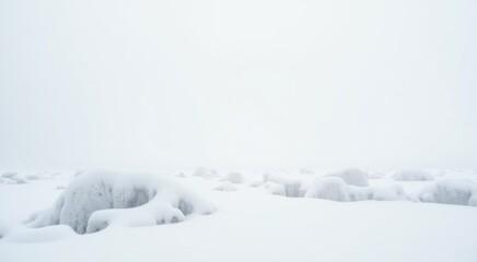 Snowy landscape with rocks and snow on a cloudy day