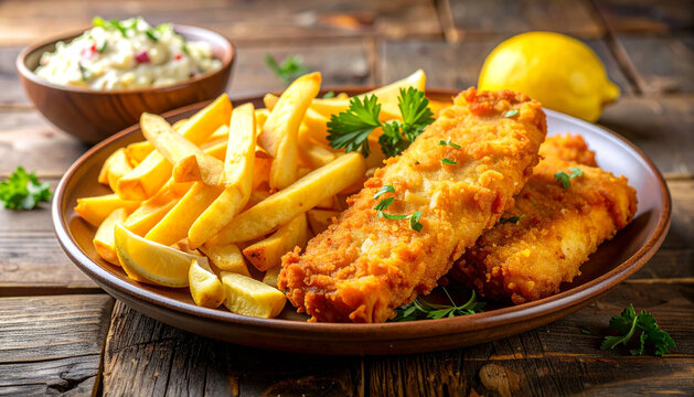 fish and chips with french fries on wooden background