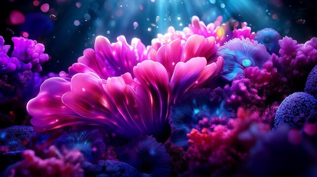 Glowing coral reefs display a vibrant palette of magenta, purple, and blue colors in an underwater environment.