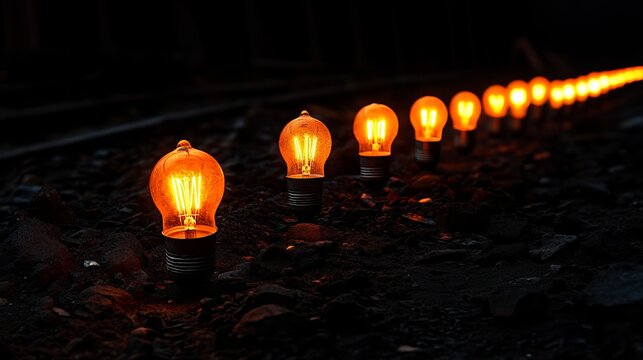 Glowing lightbulbs illuminate the dark ground in a diminishing line creating a pathway, suggesting a conceptual journey.