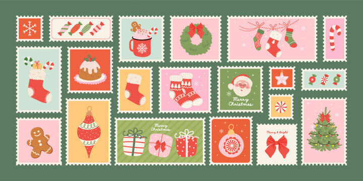 Christmas postage stamp Set with hand drawn Santa Claus, Christmas tree, gingerbread, baubles, gifts,  candy, bow. Vintage Xmas stickers, mail postmark. Vector illustration.