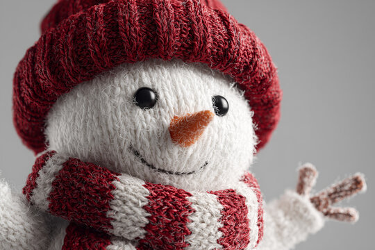 Close-up of a cozy knitted snowman toy wearing a red beanie and striped scarf, handmade winter holiday decoration with rich yarn texture - Powered by Adobe