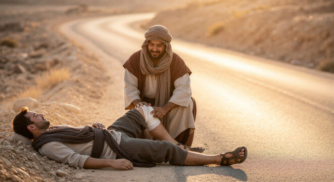A scene of compassion: One person is assisting another person who appears injured on a road.
