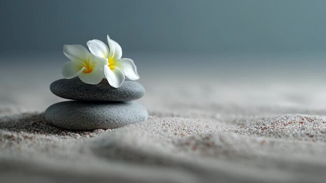 Softly lit stones are stacked with a delicate flower on top, creating a serene focal point on a sandy background. This calming display invites peaceful thoughts.