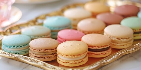 Obraz premium Assortment of colorful sweet macarons arranged on an elegant golden tray