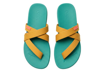 Isolated bright teal sandals with gold straps, fashionable footwear for summer, casual shoes