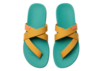 Isolated bright teal sandals with gold straps, fashionable footwear for summer, casual shoes