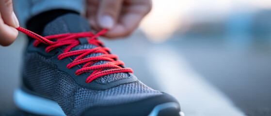 A close-up of a person tying red laces on their black and blue sneakers with white soles, outdoors during the day