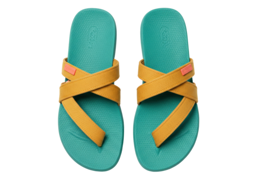 Isolated bright teal sandals with gold straps, fashionable footwear for summer, casual shoes