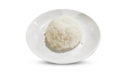 Simple serving of steamed jasmine rice shaped into a dome, placed on a clean white round plate,...