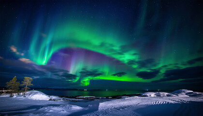 Vibrant green and purple aurora borealis reflecting over coastal winter landscape at night
