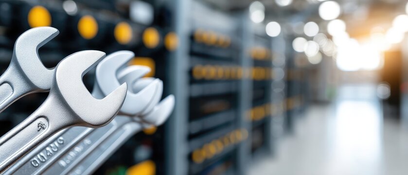 Close-up of silver wrenches hanging on a metal hanger inside a server room showcasing essential working tools for maintenance tasks - Powered by Adobe