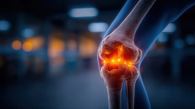 Dynamic 3D visualization of human knee joint with glowing inflammation points, perfect for medical science and healthcare innovation concepts.