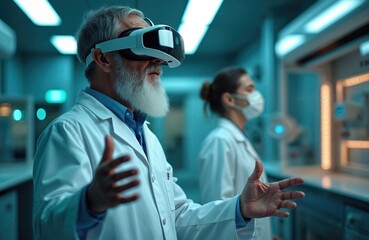 Senior scientist wearing VR headset gestures in lab. He uses immersive tech for research. Another scientist with mask works nearby. Modern medical facility setting.