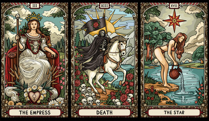 vintage vintage style deck of tarot cards. magical predictions of the future, mysterious characters.	