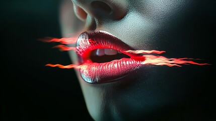 Human lips are open, with red color and red fire-like effect spreading across the image against a dark background.