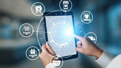 Naklejka premium Omni-channel marketing and online shopping strategies, cross-platform customer experience, brand unification, and integrated marketing communication across digital channels. Gist