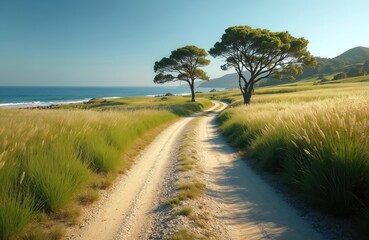 Unpaved road winds through tall grassy fields beside ocean waters. Two lone trees stand guard near the coastline under clear blue sky. Serene nature scene offers peaceful travel.
