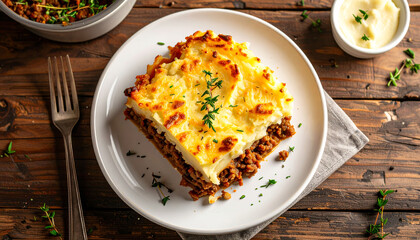 Slice of Shepherd&rsquo;s Pie on Plate with Fresh Herbs       