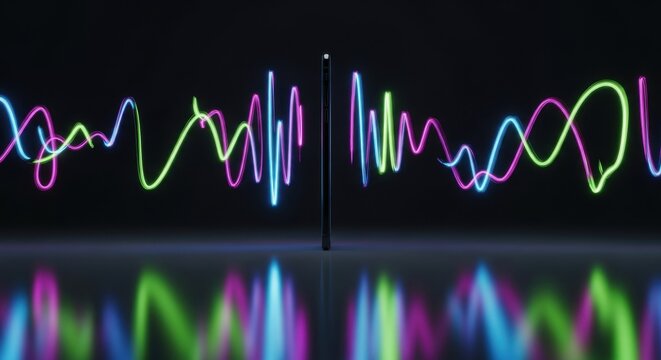 Smartphone with vibrant neon light sound waves flowing on both sides