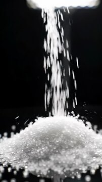 Extreme close-up video: pristine white sugar/salt-like grains, backlit, slowly form a perfect cone on reflective obsidian, sharp focus on intricate texture. High-end abstract commercial concept